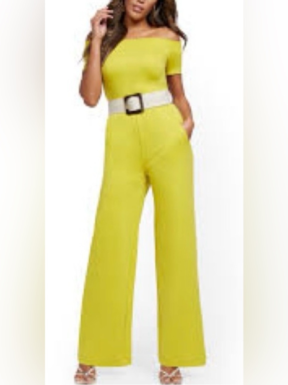 Womens citron yellow off the shoulder jumpsuit by New York & Company. NWT